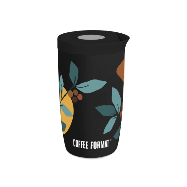 Coffee Format Czarny kubek termiczny z motywem roślin 350 ml