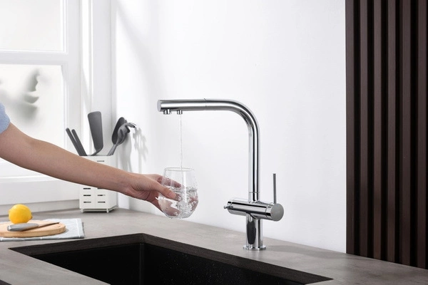 Blue Water Delta Chrom Trójdrożna bateria kuchenna z wyciąganą wylewką