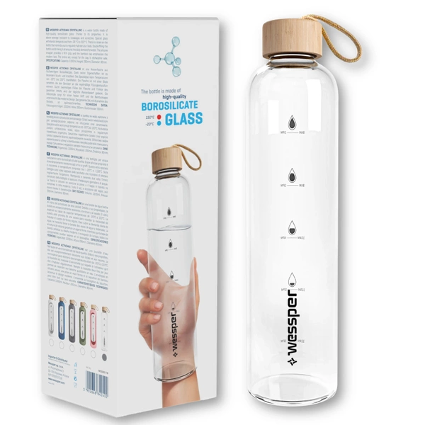 Wessper Activemax Crystalline 1L Szklana butelka motywacyjna z burgundowym etui