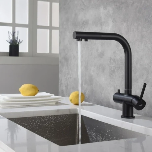 Blue Water Apala Czarny Mat Czterodrożna bateria kuchenna z wyciąganą wylewką