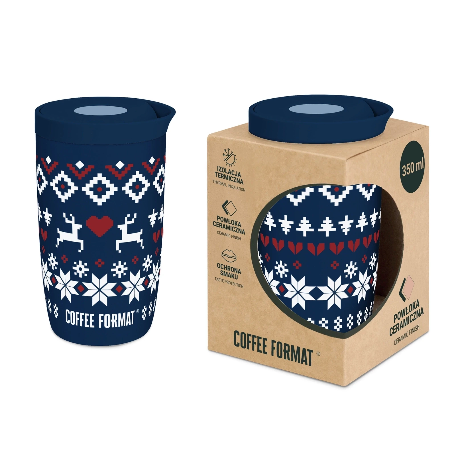 Coffee Format Granatowy kubek termiczny z motywem świątecznym 350 ml