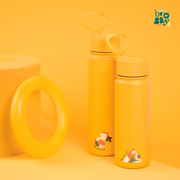 Brosky Abstract Żółta stalowa butelka termiczna ze słomką 550 ml