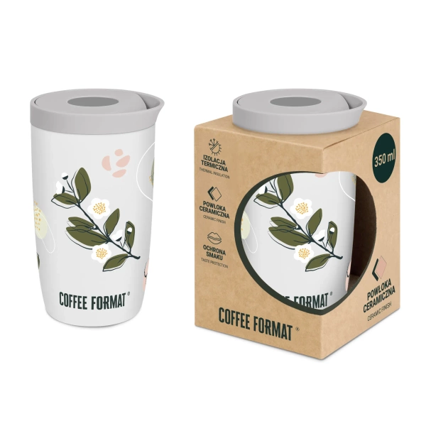 Coffee Format Biały kubek termiczny z motywem roślin i kwiatów 350 ml