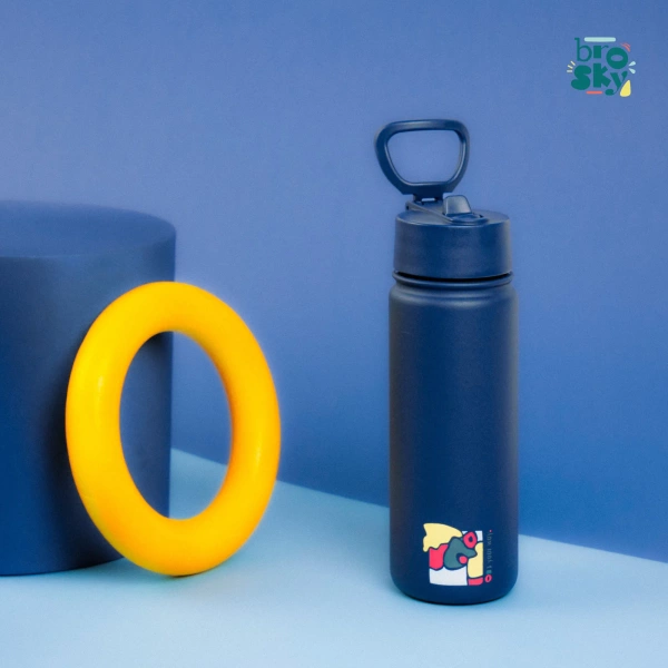 Brosky Abstract Granatowa stalowa butelka termiczna ze słomką 550 ml