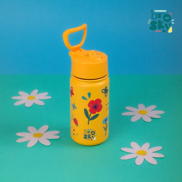 Brosky Kids Żółta butelka na wodę dla dzieci w kwiaty i owady 450 ml