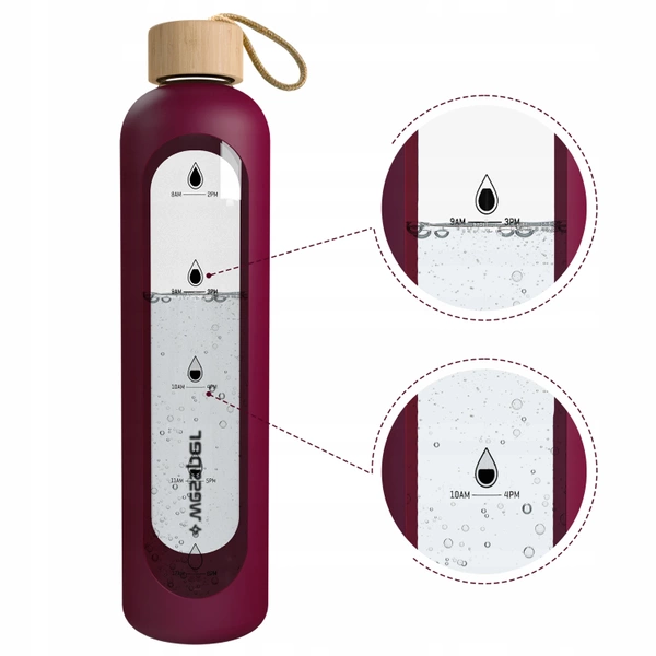 Wessper Activemax Crystalline 1L Szklana butelka motywacyjna z burgundowym etui