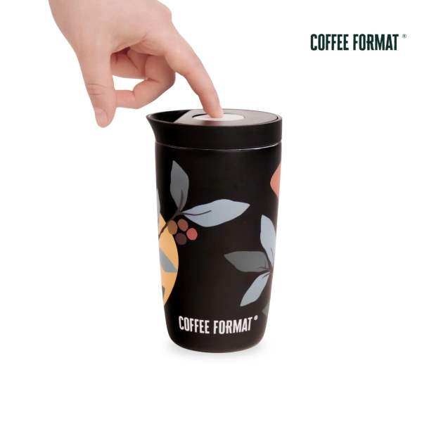 Coffee Format Czarny kubek termiczny z motywem roślin 350 ml