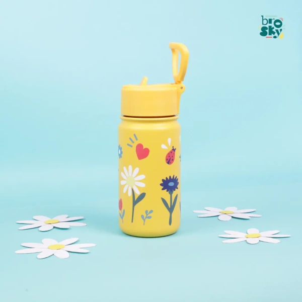 Brosky Kids Żółta butelka na wodę dla dzieci w kwiaty i owady 450 ml