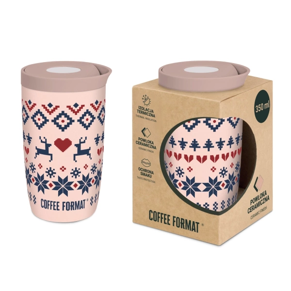 Coffee Format Różowy kubek termiczny z motywem świątecznym 350 ml