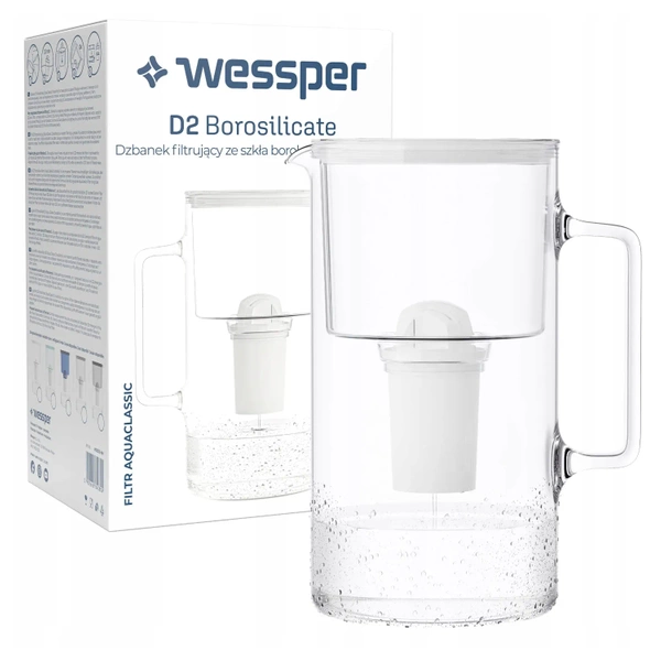 Wessper AquaClassic Crystalline 3L Biały szklany dzbanek filtrujący z 6 wkładami