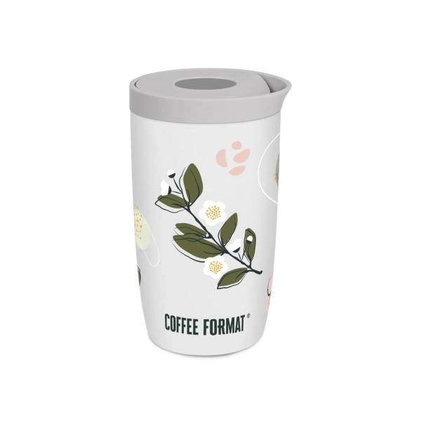 Coffee Format Biały kubek termiczny z motywem roślin i kwiatów 350 ml