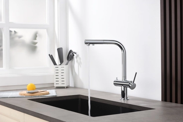 Blue Water Delta Chrom Trójdrożna bateria kuchenna z wyciąganą wylewką