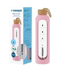 Wessper B1 Borosilicate 500 ml Szklana butelka na wodę z miarką motywacyjną z różowym etui