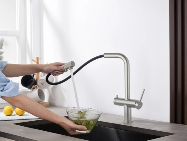 Blue Water Delta Stal Trójdrożna bateria kuchenna z wyciąganą wylewką