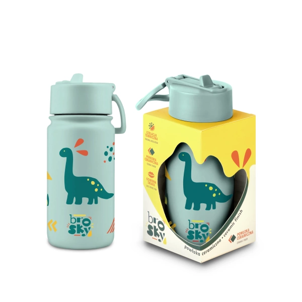 Brosky Kids Miętowa butelka na wodę dla dzieci w dinozaury 450 ml