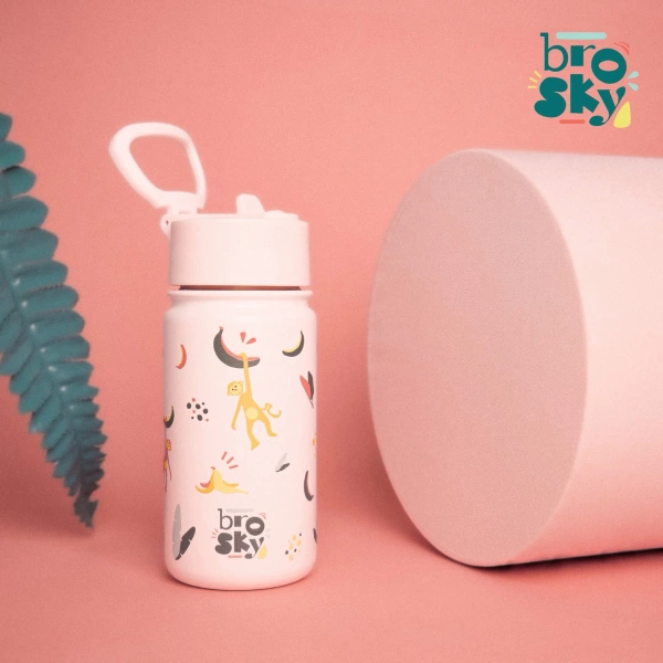 Brosky Kids Różowa butelka na wodę dla dzieci w małpki 450ml