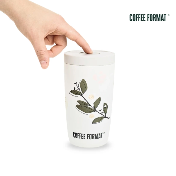 Coffee Format Biały kubek termiczny z motywem roślin i kwiatów 350 ml