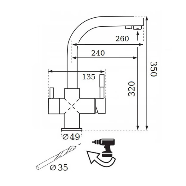 FitAqua Satynowa Bateria trójdrożna kuchenna z obrotową wylewką