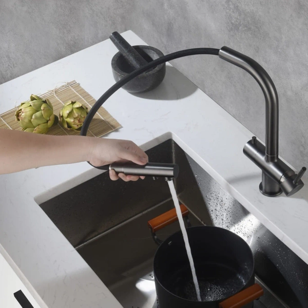 Blue Water Apala Grafit Czterodrożna bateria kuchenna z wyciąganą wylewką