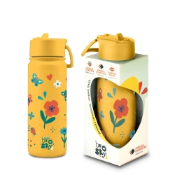 Brosky Kids Żółta butelka na wodę dla dzieci w kwiaty i owady 550 ml