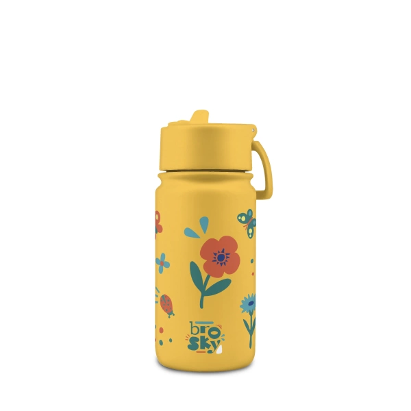 Brosky Kids Żółta butelka na wodę dla dzieci w kwiaty i owady 450 ml