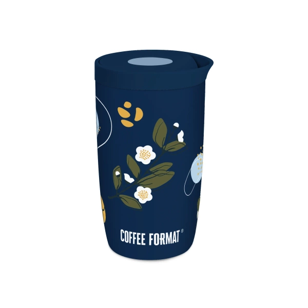 Coffee Format Niebieski kubek termiczny z motywem roślin i kwiatów 350 ml