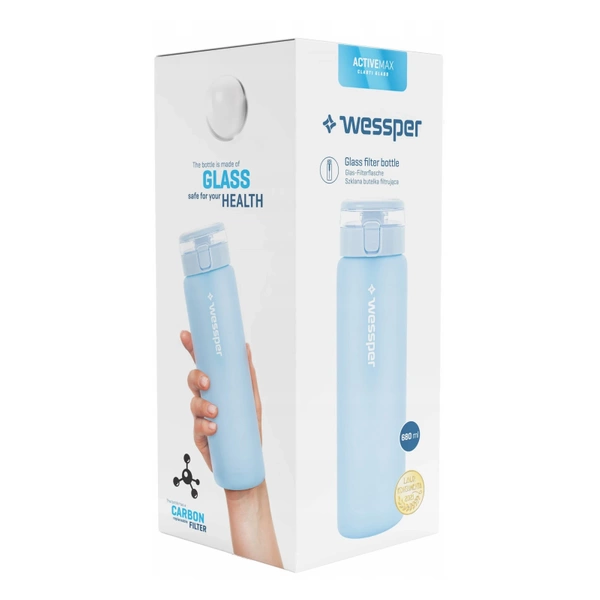 Wessper ActiveMax Clarti Glass Błękitna szklana butelka filtrująca z dodatkowymi wkładami 0,68l