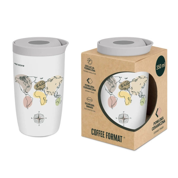 Coffee Format Biały kubek termiczny z motywem mapy świata 350 ml