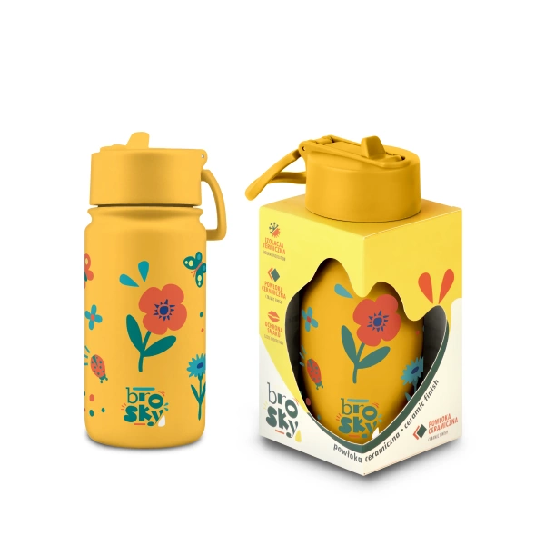 Brosky Kids Żółta butelka na wodę dla dzieci w kwiaty i owady 450 ml