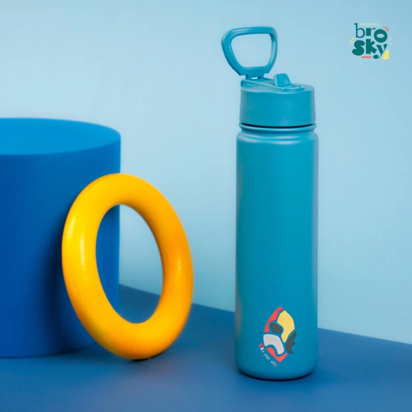 Brosky Abstract Niebieska stalowa butelka termiczna ze słomką 680 ml