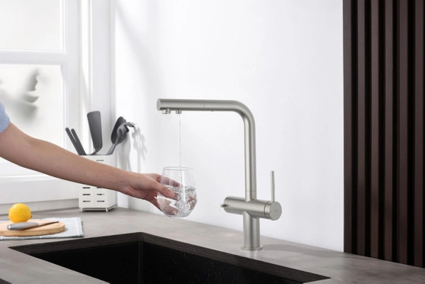 Blue Water Delta Stal Trójdrożna bateria kuchenna z wyciąganą wylewką