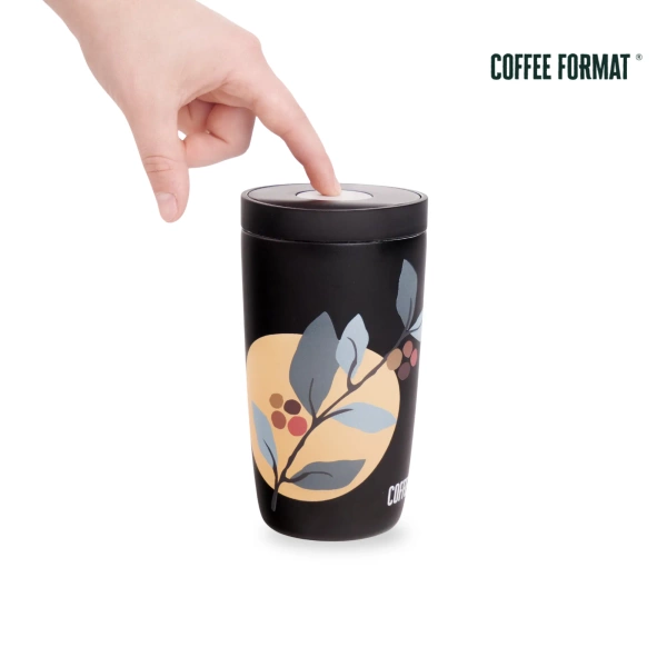 Coffee Format Czarny kubek termiczny z motywem roślin 350 ml