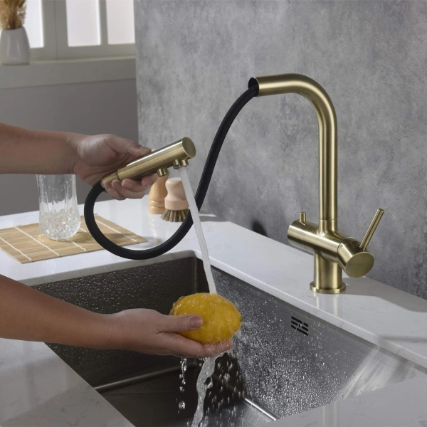 Blue Water Apala Mosiądz Czterodrożna bateria kuchenna z wyciąganą wylewką