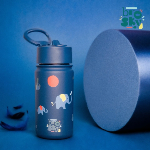 Brosky Kids Ciemnoniebieska butelka na wodę dla dzieci w słoniki 450ml
