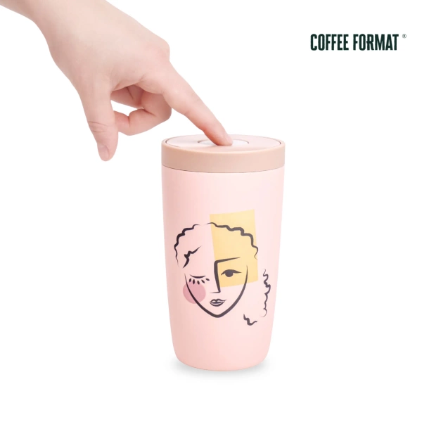 Coffee Format Różowy kubek termiczny z motywem twarzy 350 ml