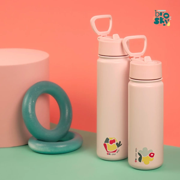 Brosky Abstract Różowa stalowa butelka termiczna ze słomką 550 ml