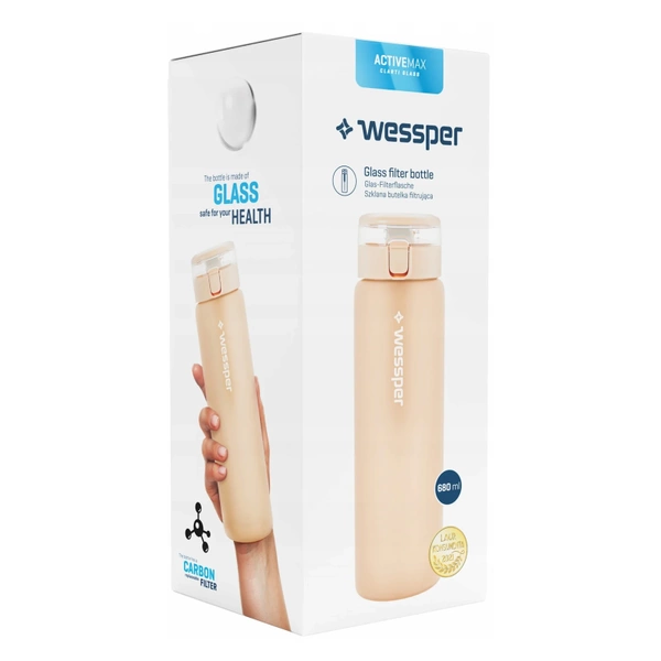 Wessper ActiveMax Clarti Glass Beżowa szklana butelka filtrująca z dodatkowymi wkładami 0,68l