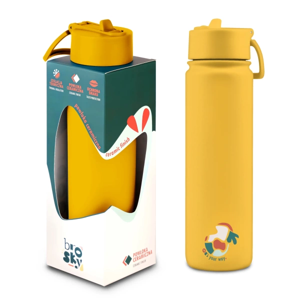 Brosky Abstract Żółta stalowa butelka termiczna ze słomką 680 ml