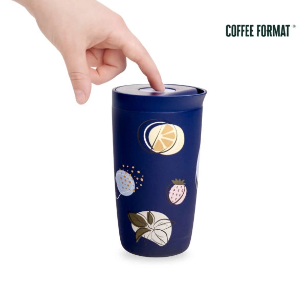Coffee Format Niebieski kubek termiczny z motywem roślin i kwiatów 350 ml