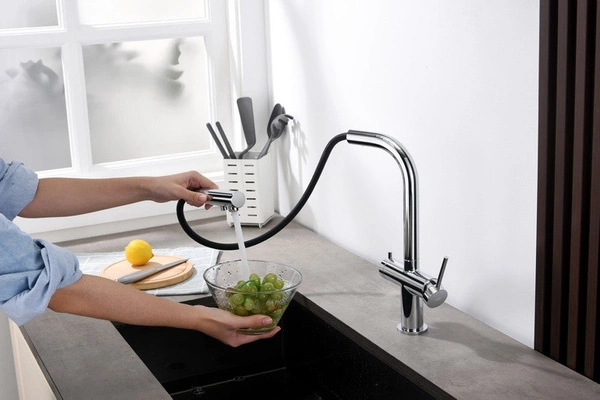 Blue Water Delta Chrom Trójdrożna bateria kuchenna z wyciąganą wylewką