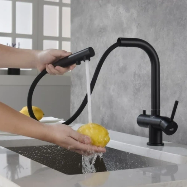 Blue Water Apala Czarny Mat Czterodrożna bateria kuchenna z wyciąganą wylewką