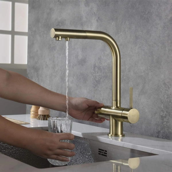 Blue Water Apala Mosiądz Czterodrożna bateria kuchenna z wyciąganą wylewką
