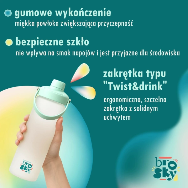 Brosky Glass Szklana butelka na wodę z różową zakrętką 610 ml