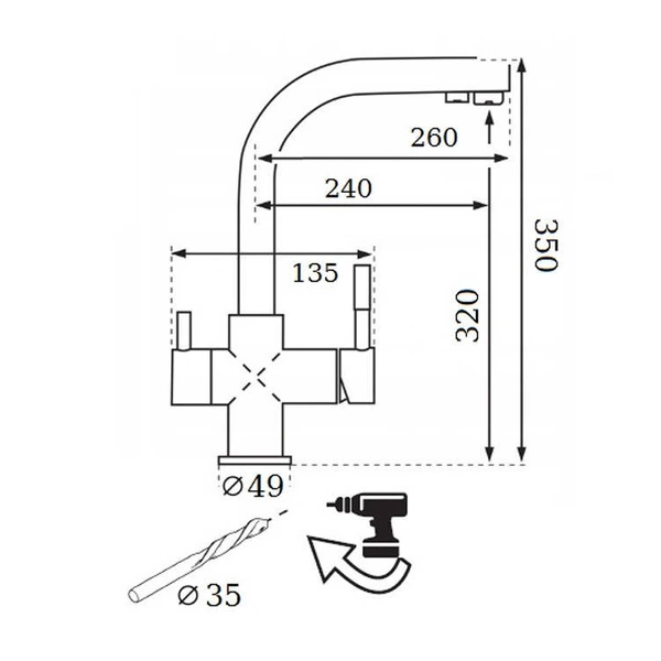 FitAqua Czarna Bateria kuchenna trójdrożna z obrotową wylewką