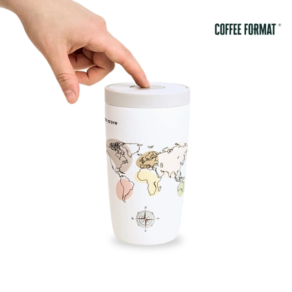 Coffee Format Biały kubek termiczny z motywem mapy świata 350 ml