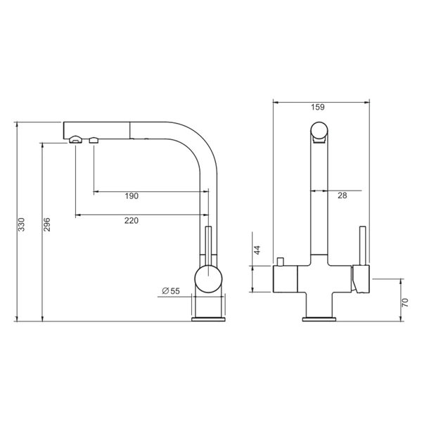 Blue Water Apala Mosiądz Czterodrożna bateria kuchenna z wyciąganą wylewką
