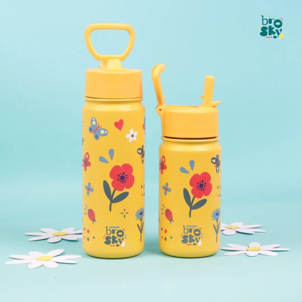 Brosky Kids Żółta butelka na wodę dla dzieci w kwiaty i owady 450 ml