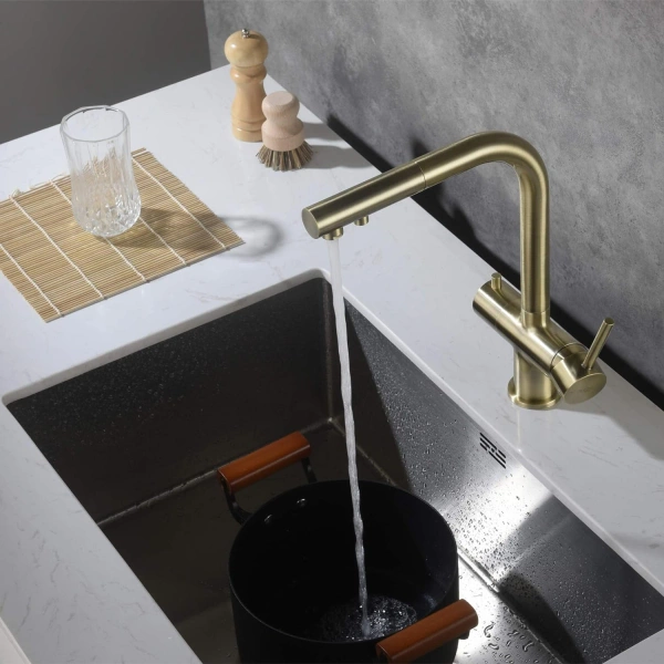 Blue Water Apala Mosiądz Czterodrożna bateria kuchenna z wyciąganą wylewką