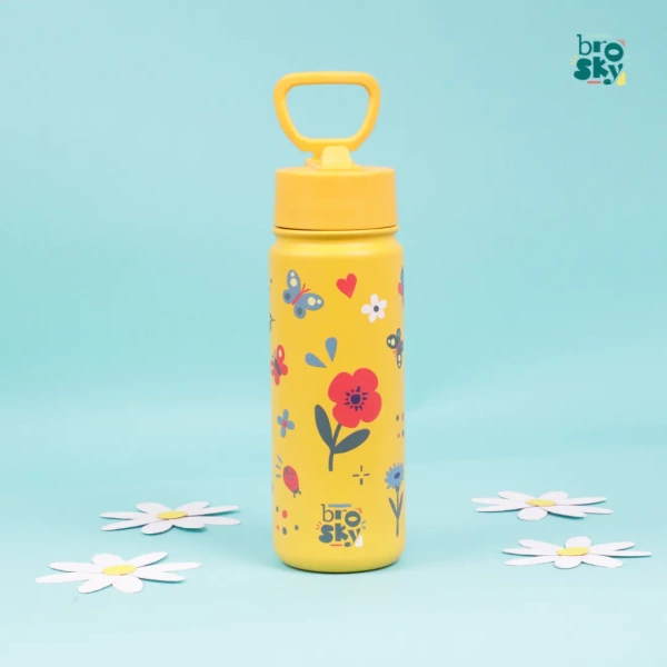 Brosky Kids Żółta butelka na wodę dla dzieci w kwiaty i owady 450 ml