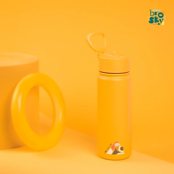 Brosky Abstract Żółta stalowa butelka termiczna ze słomką 550 ml